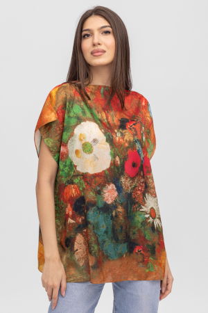 Îmbrăcăminte - Bluza de vara tip poncho din matase cu imprimeu floral pictural