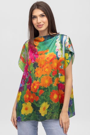 Îmbrăcăminte - Bluza de vara tip poncho din matase cu imprimeu flori rosii