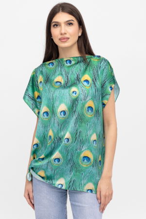 Îmbrăcăminte - Bluza de vara tip poncho din matase cu imprimeu coada de paun