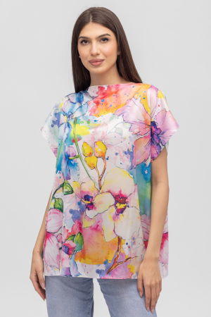 Îmbrăcăminte - Bluza de vara tip poncho din matase cu imprimeu aquarela floral