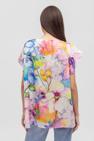 Bluza de vara tip poncho din matase cu imprimeu aquarela floral [1]