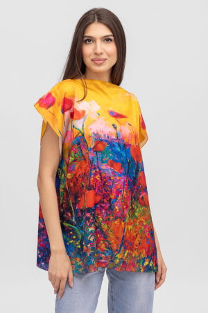 Îmbrăcăminte - Bluza de vara tip poncho din matase cu imprimeu maci rosii