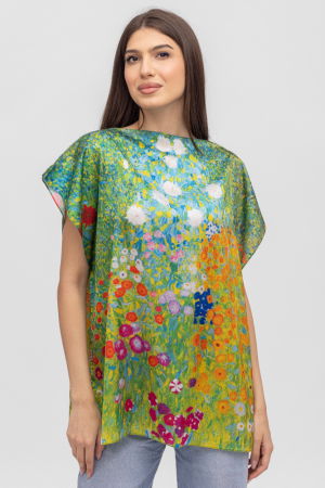 Îmbrăcăminte - Bluza de vara tip poncho din matase cu imprimeu camp cu maci