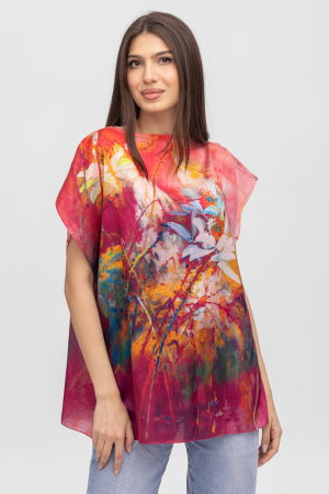 Îmbrăcăminte - Bluza de vara tip poncho din matase cu imprimeu abstract