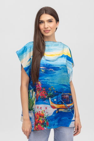 Îmbrăcăminte - Bluza de vara tip poncho din matase cu imprimeu marin cu barca