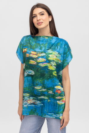 Îmbrăcăminte - Bluza de vara tip poncho din matase cu imprimeu reproducere dupa " Nuferii" de Claude Monet