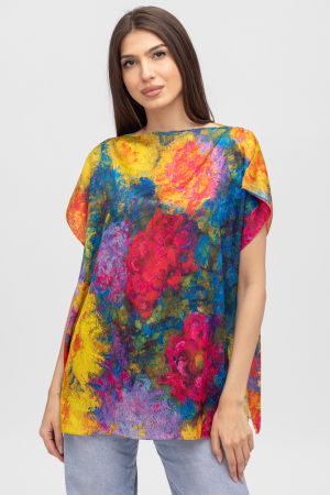 Îmbrăcăminte - Bluza de vara tip poncho din matase cu imprimeu flori mari