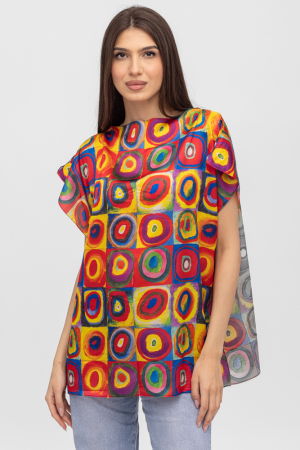 Îmbrăcăminte - Bluza de vara tip poncho din matase cu reproducere dupa pictura lui Kandinski, cercuri mari