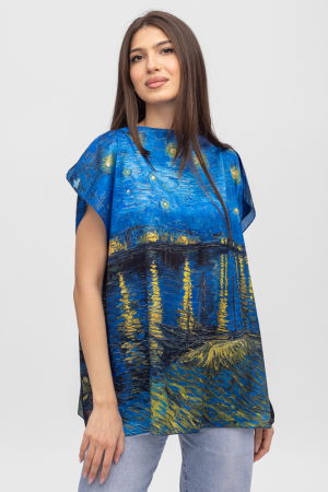 Îmbrăcăminte - Bluza de vara tip poncho din matase cu reproducere dupa " Noapte Instelata deasupra Rhonului" de Claude Monet