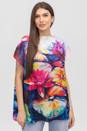 Îmbrăcăminte - Bluza de vara tip poncho din matase imprimata cu reproducere dupa picturi celebre cu nuferi mari