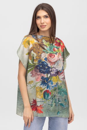Îmbrăcăminte - Bluza de vara tip poncho din matase cu imprimeu floral
