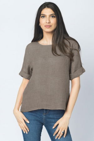 Bluze din In - Bluza din in bej inchis cu nasturi pe spate