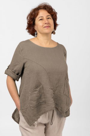 Bluze din In - Bluza din in bej inchis, asimetrica, cu siret pe fata