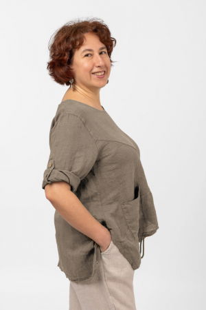 Bluza din in bej inchis, asimetrica, cu siret pe fata [1]