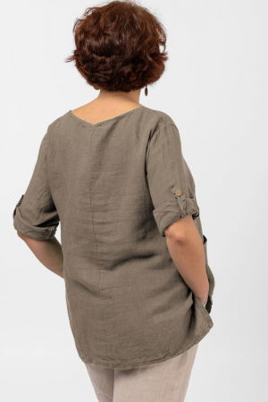 Bluza din in bej inchis, asimetrica, cu siret pe fata [2]