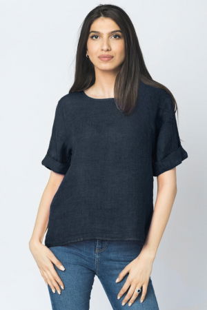 Bluze din In - Bluza din in bleumarin cu nasturi pe spate