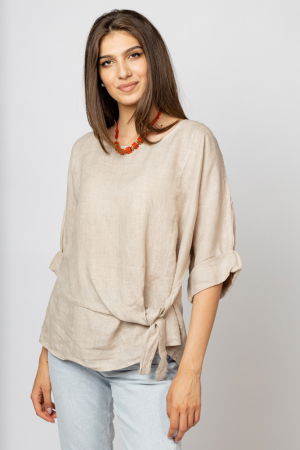 Bluze din In - Bluza din in bej masura mare cu nod pe talie