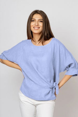 Bluze din In - Bluza din in bleu masura mare cu nod pe talie