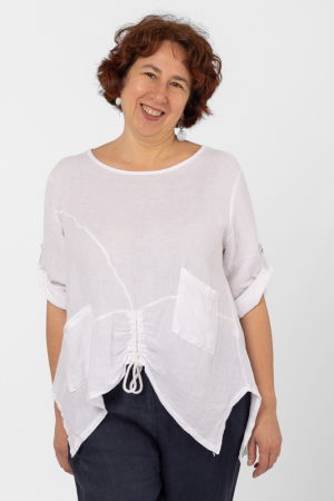 Bluze din In - Bluza din in alba, asimetrica, cu siret pe fata