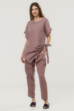 Bluza lunga din in cu colt si funda, roz prafuit inchis [1]