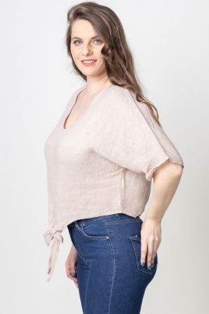 Bluza din in cu nod si decolteu in V, bej [1]