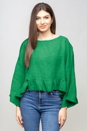 Îmbrăcăminte - Bluza din in cu volanas, oversize, verde