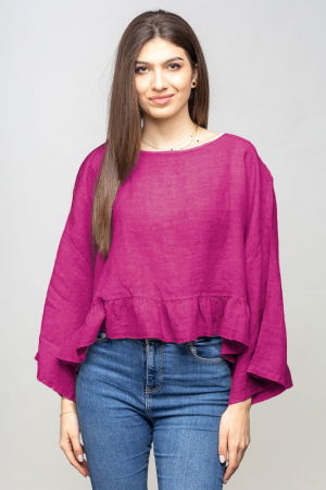 Îmbrăcăminte - Bluza din in cu volanas, oversize, magenta