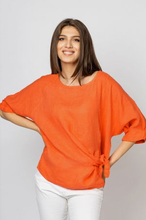 Bluze din In - Bluza din in portocalie, masura mare cu nod pe talie