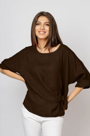 Bluze din In - Bluza din in maro inchis masura mare cu nod pe talie