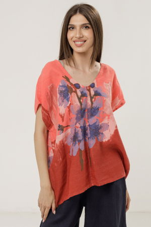 Îmbrăcăminte - Bluza din in oversize cu funda la spate si imprimeu floral stilizat pastel, pe fond corai