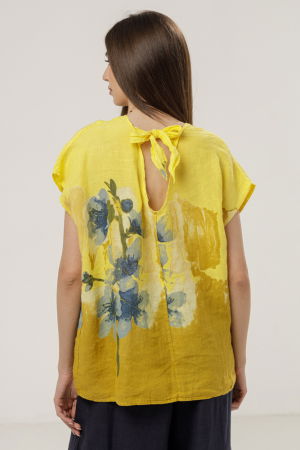 Bluza din in oversize cu funda la spate si imprimeu floral stilizat pastel, pe fond galben [2]