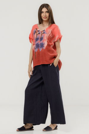 Bluza din in oversize cu funda la spate si imprimeu floral stilizat pastel, pe fond corai [3]