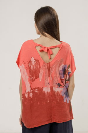 Bluza din in oversize cu funda la spate si imprimeu floral stilizat pastel, pe fond corai [2]