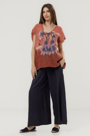 Bluza din in oversize cu funda la spate si imprimeu floral stilizat pastel, pe fond roz inchis [3]