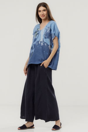 Bluza din in oversize cu funda la spate si imprimeu floral stilizat pastel, pe fond albastru [3]