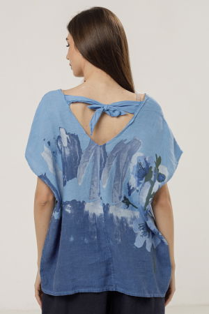 Bluza din in oversize cu funda la spate si imprimeu floral stilizat pastel, pe fond albastru [1]