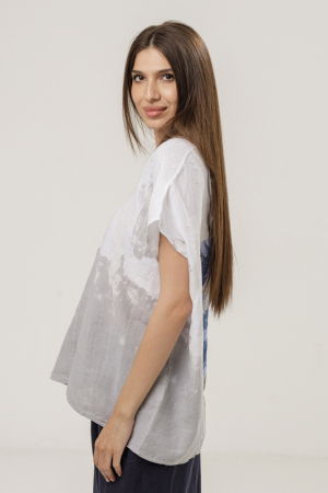 Bluza din in oversize cu funda la spate si imprimeu floral stilizat pastel, pe fond alb [3]