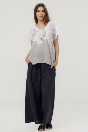 Bluza din in oversize cu funda la spate si imprimeu floral stilizat pastel, pe fond alb [5]