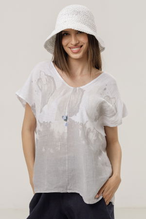 Bluze din In - Bluza din in oversize cu funda la spate si imprimeu floral stilizat pastel, pe fond alb