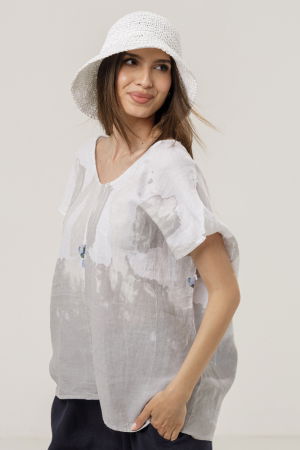 Bluza din in oversize cu funda la spate si imprimeu floral stilizat pastel, pe fond alb [1]