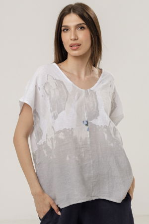 Bluza din in oversize cu funda la spate si imprimeu floral stilizat pastel, pe fond alb [2]
