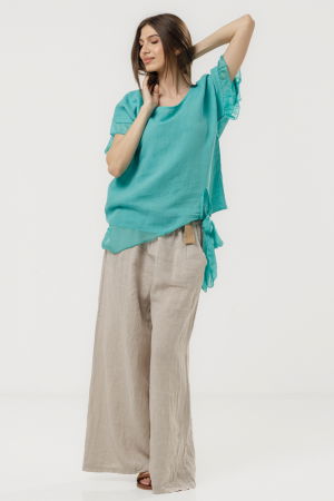 Bluza din in oversize cu funda la spate si volan din matase, turcoaz [2]