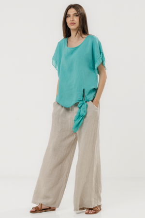 Îmbrăcăminte - Bluza din in oversize cu funda la spate si volan din matase, turcoaz