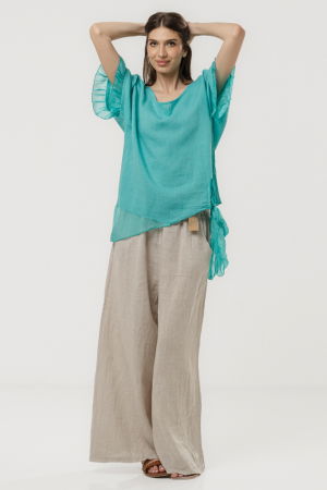 Bluza din in oversize cu funda la spate si volan din matase, turcoaz [1]