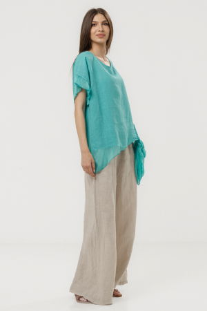 Bluza din in oversize cu funda la spate si volan din matase, turcoaz [4]