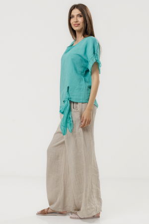 Bluza din in oversize cu funda la spate si volan din matase, turcoaz [3]