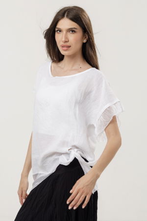 Bluze din In - Bluza din in oversize cu funda la spate si volan din matase, alba