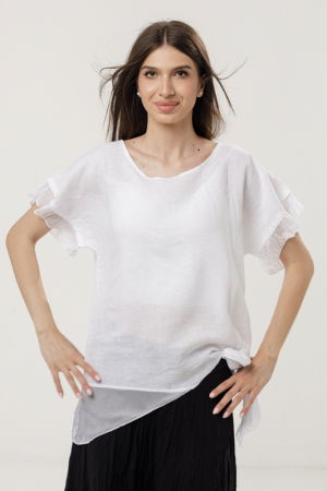 Bluza din in oversize cu funda la spate si volan din matase, alba [1]