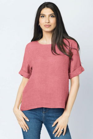 Bluze din In - Bluza din in roz inchis cu nasturi pe spate