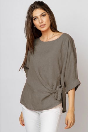 Bluza din in bej inchis, masura mare cu nod pe talie [1]